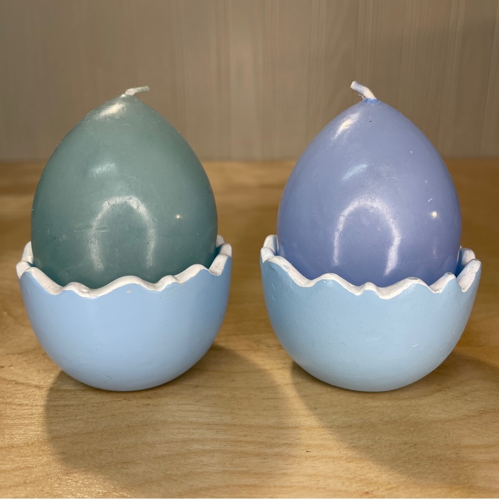 Two Egg Shaped Candles in Ceramic Egg Shells - Blue